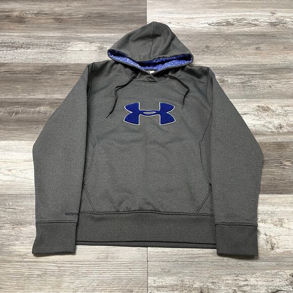 Under Armour Gray Blue Mens L Big Logo Storm Fleece Cold Gear Pullover Hoodie - Picture 2 of 7